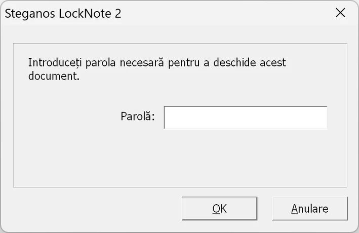 Solicitarea parolei în Steganos LockNote 2